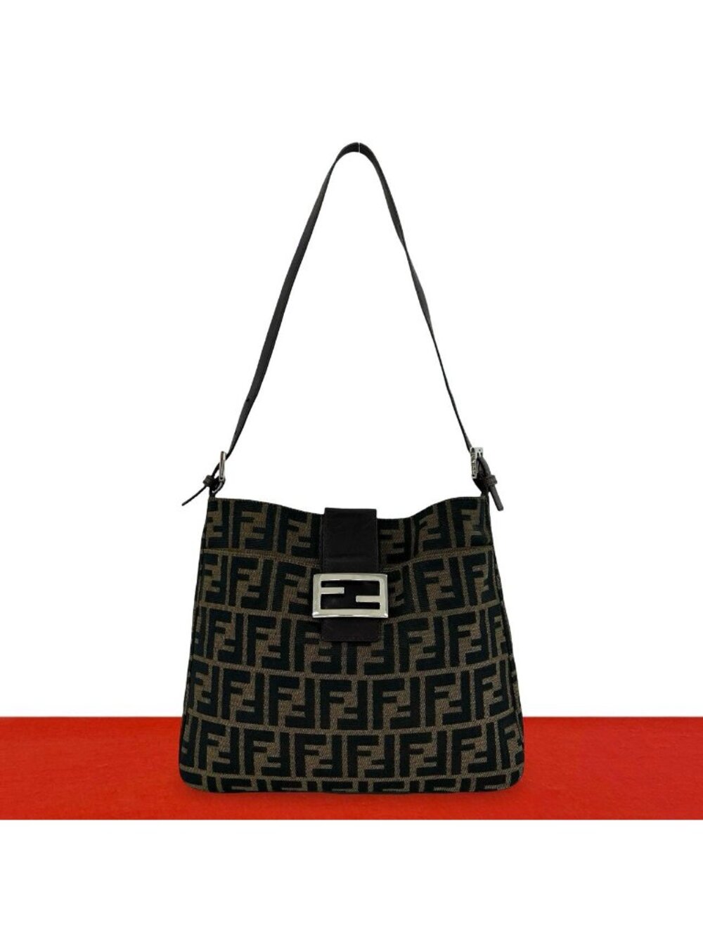 Fendi Vintage Zucca FF Pattern Canvas Leather Shoulder Bag Brown
